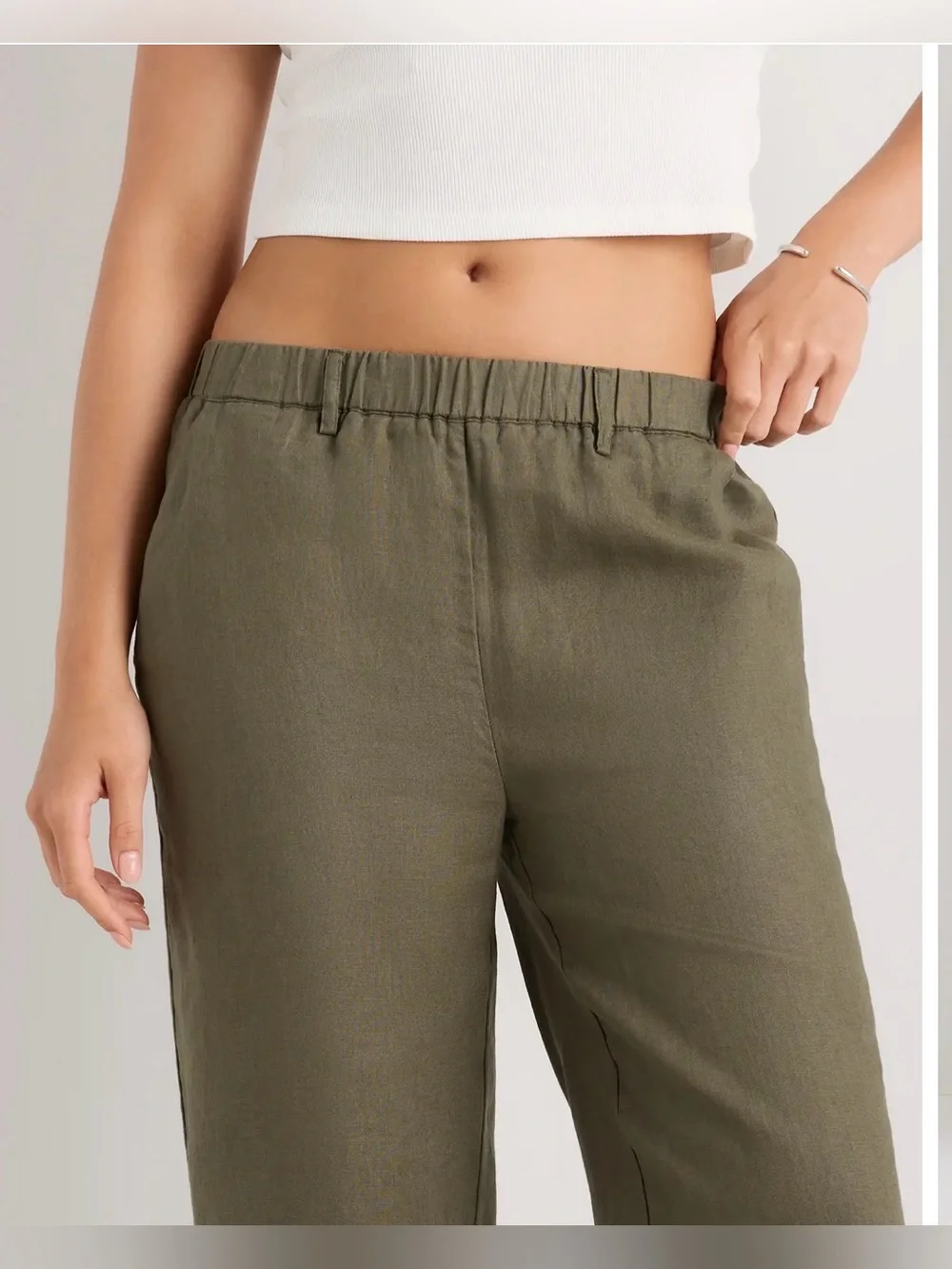 Quince 100% Linen Pants Pull On Tapered Olive Green , Large